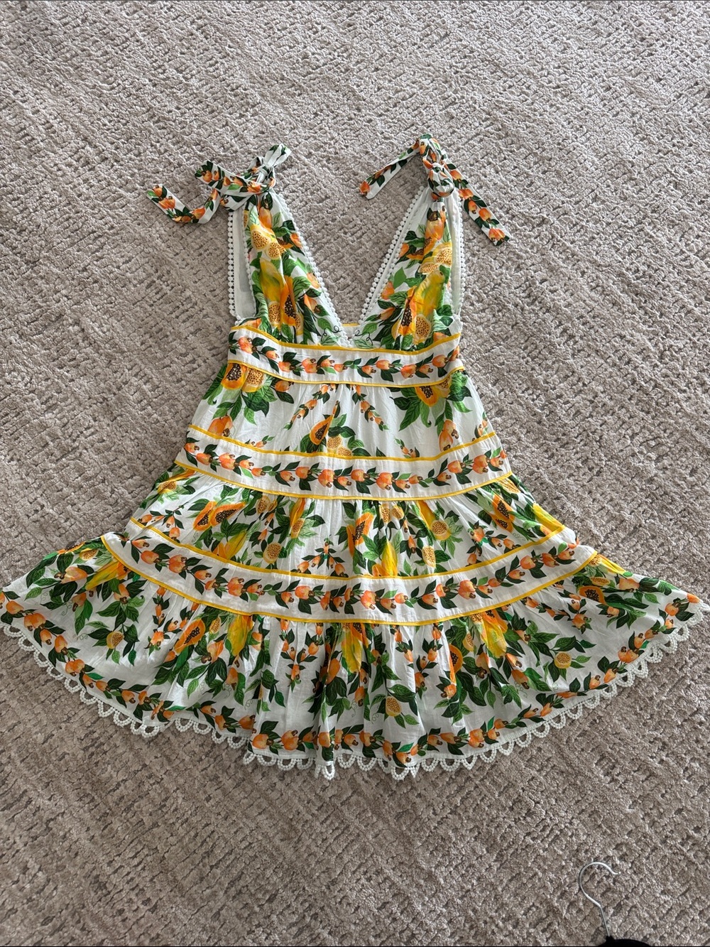 FARM Rio White Floral Tie-Shoulder Dress with Green and Orange Details - Picture 5 of 7
